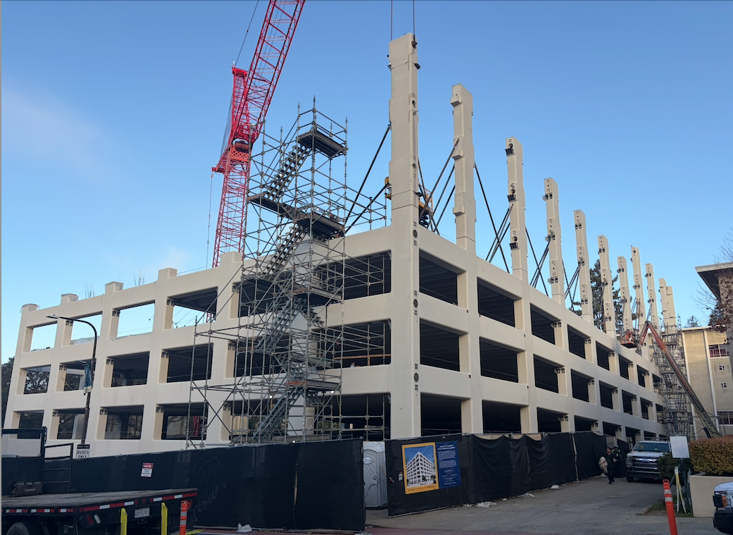 Picture of the Bancroft Parking Structure building with additional pillars added for the upper levels