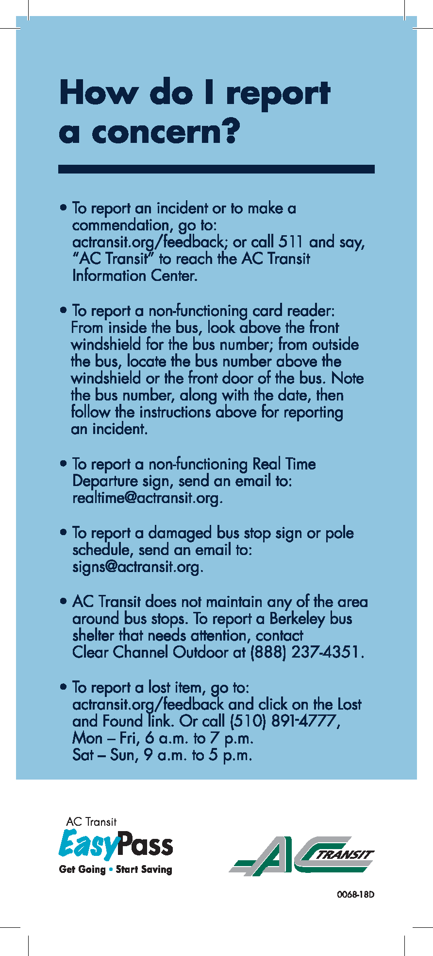 Student EasyPass AC Transit Report Concerns Student EasyPass Questions or Concerns