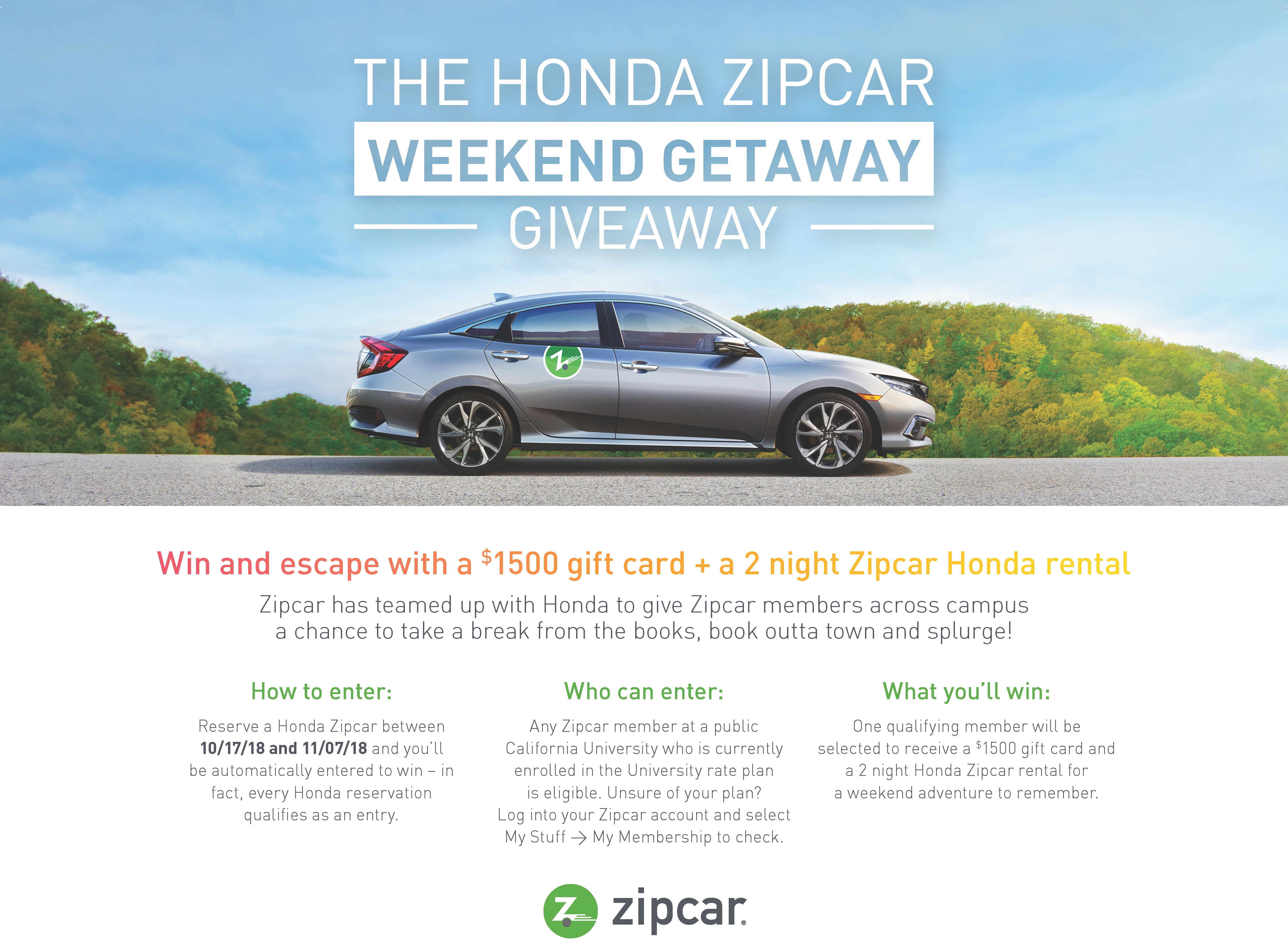 Car with ZipcarContest that wins $1500 if you reserve a car for UC enlisted members